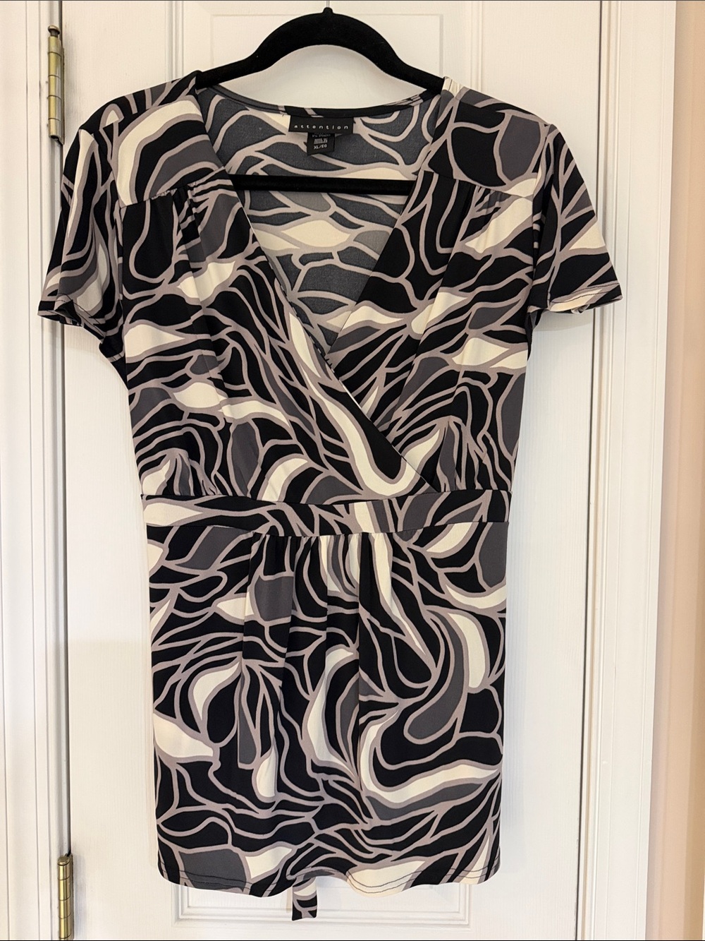 attention Black & Cream Abstract-Print Wrap-Front Top XL